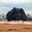 Placeholder: Photograph of outskirts of a city, ominous and odd black irregular stone rises from the earth, details of the stone very accentuated, brutalist style, powder, pastel colors, people, minimaximalist, detailed, 8k, museum, deep 3d field, hasselblad h6d400c --ar 85:128 --v 6.0