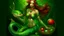 Placeholder: It creates the image of a mermaid with a round belly and swollen hips, holding a bowl full of colorful seafood and vegetables. She wears a seductive green tail, with seashells and corals attached, and a scallop shell bikini top. Her long, flowing hair is dyed shades of seaweed green and her lips are painted a bright red. Her gleaming green scales shine in the light,