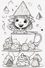 Placeholder: A little girl with a triangular party hat, enjoying a tea party with geometrically shaped cookies and cups. Use triangles for the hat, cookies, and other party decorations. very happy , Colloring page for todlliers ; basic hawali style cartoon , black and white , ink outlines , , smooth , anime style , minimalist , cute eyes , full body , white shose , sketchbook , realistic sketch , free lines , on paper , character sheet , clean line art high detailed