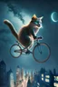 Placeholder: A pedaling cat riding a bicycle is flying at night in the sky over tall buildings.