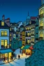 Placeholder: "A nighttime scene of a Paris neighborhood with illuminated windows and bustling nightlife, illustrated by Herge in the detailed and vibrant style of Tin-Tin comics."