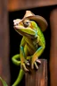 Placeholder: close up image of a boring chameleon, look like a cowboy