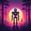 Placeholder: a silent robot in a wood , synthwave picture style with light pixel, the sunset on the horizon, with a big pixelated sun and a half moon