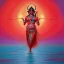 Placeholder: An oil painting of goddess Kali crossing a lake, neon red colors,