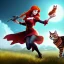 Placeholder: Red headed witch girl and her cat animal companion flying, beautiful, cute, 8k, unreal engine 5, mischievous, artgerm, art design by Raymond Swanland