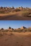 Placeholder: alien buildings, in the desert, surrounded by acacia trees, dunes, pathways, lake, roads, mountains, blue sky