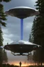 Placeholder: hundreds of school kids see a ufo flying over tall pine trees, concept art, by Asaf Hanuka, by Weta Digital, Electric Colors, Screen Space Global Illumination, in a symbolic and meaningful style, the craft has flat bottom,3 large lights underneath glow with intense fury, kids running up to craft with wonder