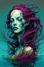 Placeholder: illustration of a drowned undead shape shifting female in the style of Alex Pardee and Jean Giraud Moebius, highly detailed, boldly inked, deep murky aquatic color