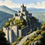 Placeholder: [art by Ray Harryhausen] Sévérac-le-Château, Medieval stone castle perched on the summit of a puy, an ancient volcanic hill, overlooking the surrounding landscape. The fortress crowns a steep rocky promontory, with thick defensive walls, crenellated ramparts, round watchtowers, and a central donjon. The architecture follows the natural contours of the volcanic rock, emphasizing height, strength, and strategic control. The setting evokes early medieval France, with a fortified settlement clustere