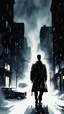 Placeholder: My creative interpretation of a illustration inspired by "Max Payne", 2001, Remedy Entertainment, morbidly moody and twilightly dark aesthetic of early 2000s, a night of incessant and raging snowfall, darkened streets of a mysteriously deserted Noir York City, a nightmare-like metropolis, watercolor, 1980s graphic style