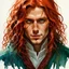 Placeholder: dnd, fantasy, watercolour, stylistic, portrait, illustration, dull colours, male, face, narrow long face, weathered face, green eyes, determined, happy, red hair, very long hair streaming down the shoulders, radiating light, five o'clock shadow, softer facial features, dignified