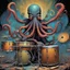 Placeholder: anthropomorphic Octopus playing drums in a rock and roll band, multiple arms holding drumsticks, large drum set, by Dave McKean, by Tim White, by Aaron Brooks, modern comic book art, maximalist, palpable textures, distressing hues, McKean's distinctive visceral style, detailed line work, rich sharp colors.