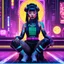 Placeholder: [psychedelic pixel illustration by Jannell Jaquays with Solstice colour palette] Neon Void (AcidHouse Space Opera) a Neo-cyberpunk asian warrior girl with barcode tattoo sits in front of the camera, ready to engage, casino in the background
