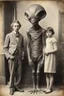 Placeholder: 1900's black and white vintage photo, interior, alien human hybrid creature with a family, captured on square format film, grainy, aged