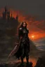 Placeholder: A formidable warrior girl in black armor, on the background Amazing gloomy landscape, flooded with sunset, mountains, trees, fabulous scary hero, , juicy emotions, painting, dark fantasy, gloomy day, dark world, portrait, Gothic Town At Night, Fantasy, Intricate Details, Castle Courtyard Gardens, Hyper Detailed, Jean Baptiste Monge, Carne Griffiths, Michael Garmash, Seb Mckinnon, Masterpiece