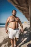 Placeholder: full figure shot photography of a tired chubby burly 38 years old ugly arab carpenter, tank top, big nose, tattoo, unshaved, short curly hair, manly chest, angry eyes, white boxer, open legs , at the beach in the sun, big shoulders, big tights, side light, ground view angle