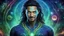 Placeholder: beautiful gorgeous young man na'vi with long hair, Avatar, blue skin, two small ears, green eyes, black hair, in cosmic suit, galactic ambiance, medium pointy goatee , smiling, nebulas and sacred geometry light figures on the backgroud,