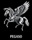 Placeholder: A detailed and macabre illustration of the winged pegasus horse flying, with the jaw and chest bones clearly visible. On the pegasus horse there is a man rider with all his body bones clearly visible, the man rider carries a large AK 47 rifle on his back. The background of the image is black. Below the text "PEGASO".