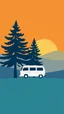 Placeholder: A white van on the horizon, two pine trees next to it, simple background, flat design, simple shapes, minimalist style, warm colors, solid-colored sky in the background, simple shapes, minimalist design, solid orange and yellow background, simple shapes, minimalist style.