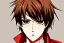 Placeholder: Detailed pretty anime boy, brown hair with blonde strips, keep head in frame, headshot, glaring, brown eyes, covered in bandages, looking serious, illustration, digital painting, only one character, color scheme red, wearing many bandages, Osamu Dazai inspired, anime inspired, manga, dazai, red hair, Chuuya, pretty, scruffy, angry, brooding, manga inspired, small nose, long lower eyelashes, handsome, one character, headshot, glaring, cute, wearing a bandage on neck, small nose, scruffy hair