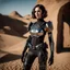 Placeholder: futuristic beautiful caucasian half cyborg female soldier, black metal body and limbs, chrome details, anorexic figure, short brunette wavy bob haircut, dystopian, desert scene