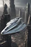 Placeholder: a photorealistic sleek silver spaceship flying over a futuristic ruined city