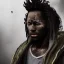 Placeholder: mysterious, black man, long curly black hair, scar on eye, hooded, post-apocalyptic, realistic, intriacte detail, sci-fi fantasy style, volumetric lighting, particales,highly detailed,cinamatic, deep colours,8k