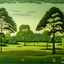 Placeholder: A green grassland savanna with tall trees painted by Henri Rousseau