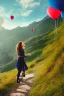 Placeholder: A beautiful girl walking along a mountain path, walking against the wind with balloons in her hand. nature, HD photography, Galen Rowell, David Muench, perfect composition, gloss, hyperrealism