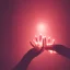 Placeholder: hands holding single pink crystal, dark, glowing, orange light, on an altar in a foggy cave, cinematic, abstract