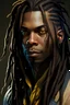 Placeholder: Long shot, exteme wide shot, Head in frame, Whole body in frame, legs and feet in frame, ultra detailed, Creative, original character, black male original superhero character Stunningly handsome man with dark brown blue streaked neck-length dreadlocks, straight nose, dark skin, gorgeous broad young face, kind roguish steel hazel eyes, wearing white, yellow, and green superhero body suit with tornado on chest, hyperrealism, by Greg Rutkowski,by anna dittmann,trending on artstation