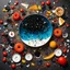 Placeholder: Optimized Prompt A wild, visually chaotic still life from a "Everything Everywhere All at Once" multiverse, presented in a surreal, overflowing breakfast buffet style. At the epicenter sits a cosmic, fractured "Everything Bagel," its surface a swirling black hole of poppy seeds, sesame, infinite glitter, small plastic googly eyes, dried hot peppers, and miniature plastic shards, resting on a porcelain plate that is cracking into geometric dimensions. Surrounding it are dozens of bowls containing