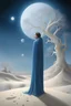 Placeholder: art nouveau, romantic oil painting, a woman in blue cape in a white desert, white tree, holes, sand over a cliff, 3D, HDR, bioluminescence, surrealism, moon and stars, fractal, tropophobia