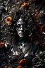 Placeholder: abstract creation of a beautiful woman with black curly hair, surrounded by black roses, thick metal chain broken, glass petals on the ground, autumn colours,dried out thorn bush, chaos,