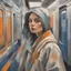 Placeholder: A woman in the métro, in the style of a painting with heavu brushstrokes, blue, Grey, beige, orange