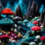 Placeholder: Close-up photograph of detailed creepy landscape made of felt, crystallizations, figure, animals, fungi, crystals, mineral concretions, sun, Amano, Roger Dean, strong texture, intricate, colours, Max Ernst, rich moody colors, bokeh, Tim Burton, Harry Potter, 33mm photography