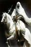 Placeholder: An Arab warrior holding two swords, sitting on horseback, wearing a white robe, strong, mysterious, frightening, fantasy, high quality