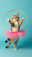 Placeholder: A cat dressed like ballerina playing the Hula Hoop happy and smiling