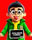 Placeholder: A 3D animated character with a round face, prominent eyes, and a small, protruding tongue. He is wearing glasses, a green jacket with a yellow collar, and a badge on his jacket that reads 'IKENGA Obodo Oma!'. He holds a black signboard with white text that reads 'OGA MAN COMEDY'. The character is positioned against a red background.