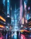 Placeholder: Create an image that enhances the existing futuristic cityscape by adding more dynamic elements such as flying vehicles, holographic advertisements, and a diverse array of futuristic dressed pedestrians to make the scene more interesting and cool with neon effects.