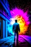 Placeholder: Young man walking away from a building that is exploding at night, with coloured auras all around him