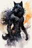 Placeholder: ink wash and watercolor full body concept illustration of an anthropomorphic, adventurous Black Wolf, counterinsurgency girl character with wildly flowing hair, ornately dressed with highly detailed feathers and facial features in the comic book style of Bill Sienkiewicz and Jean Giraud Moebius, with a fine art aesthetic, highly detailed , boldly inked, 4k UHD cinegraphic quality