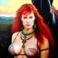 Placeholder: oil Portrait on canvas of busty beautiful young Red Sonja Riding a Black Horse, with big crystal clear green eyes looking to viewer, nose piercing , tattoos , with ruby necklace by Adam hughes 8k