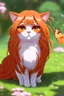 Placeholder: very cute anime cat with long orange hair catching a butterfly