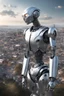 Placeholder: silver humanoid robot standing looking over a small alien town