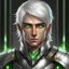 Placeholder: Please create an image for a young elven male with light brown skin, silver hair, and green eyes. He is accompanied by a metallic robot