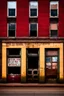 Placeholder: filling the composition is the side of an old brick building, with windows, a doorway at the bottom, and worn out painted sign across the top