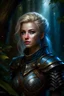 Placeholder: Portrait of an D&D cleric adventurer with blue eye color, blonde hair, solo, pinup, wearing classic adventuring armor, realistic eyes, girl, solo, canvas painting, dark colors, realistic Rembrandt lighting, dark forest background