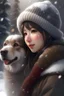 Placeholder: a pretty japanese woman, in winter clothes and hat, snow falling, a dog licking her face, cute, happy, realistic, digital art, 4k