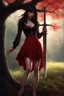 Placeholder: A young dark-haired witch in a red low-cut short skirt, standing under a tree, with a sword on her hip, glowing ball in her hand, photorealistic, delicate detail.